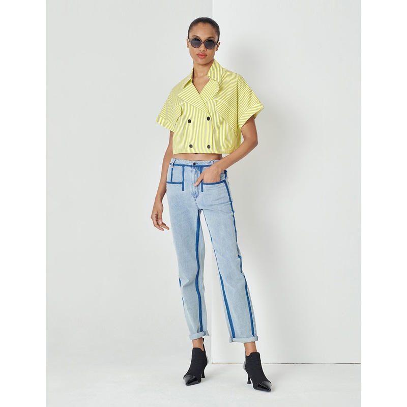 Yellow And White Striped Lapel Blouse