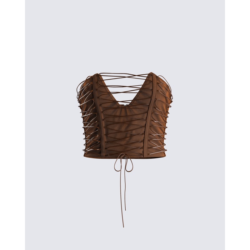 Bette Brown Lace Up Top