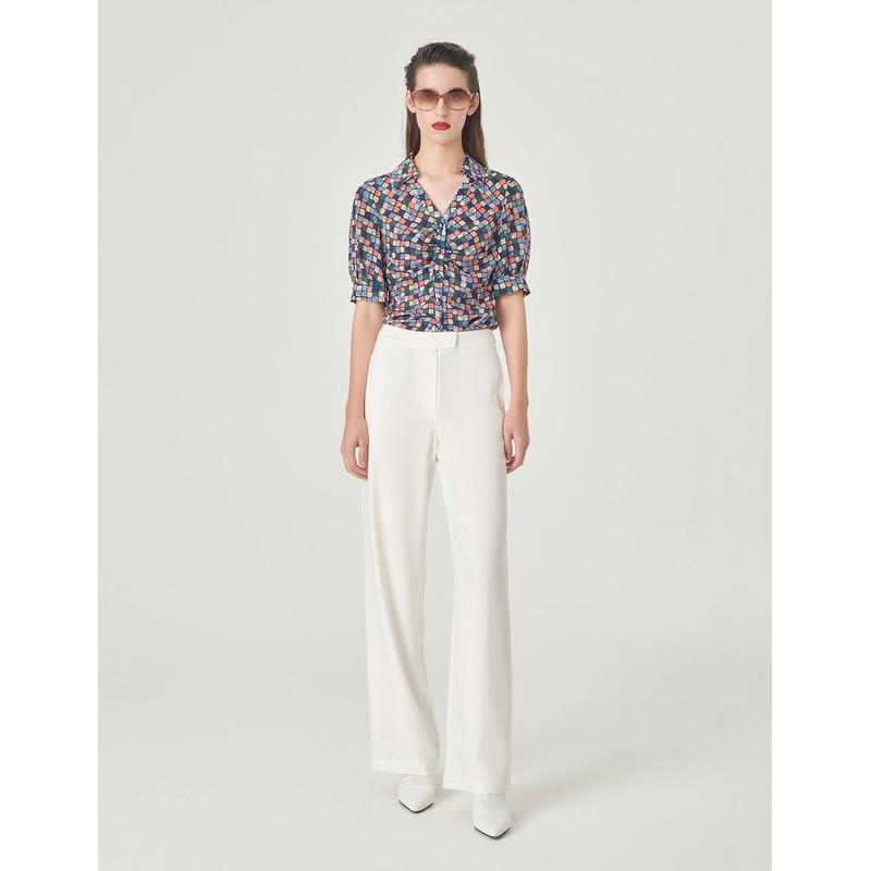 V-Neck Shirt Silk Printed Top