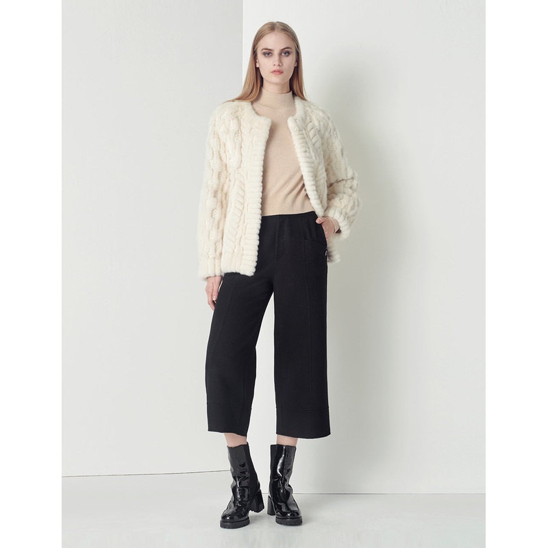 Black sheep wool slant pockets decorated cropped wide-leg pants