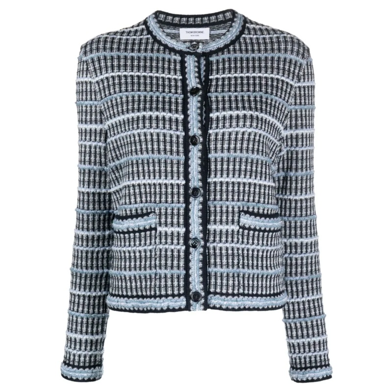 Inlay Tweed Jacquard Crew Neck Cardigan Women