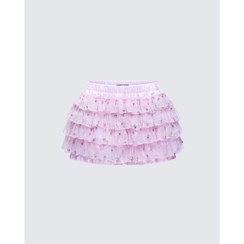 Love Hand Beaded Rhinestone Pink Ruffle Short