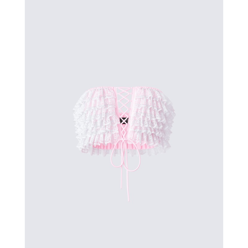 Hali Pink Lace Up Ruffle Strapless Crop Top