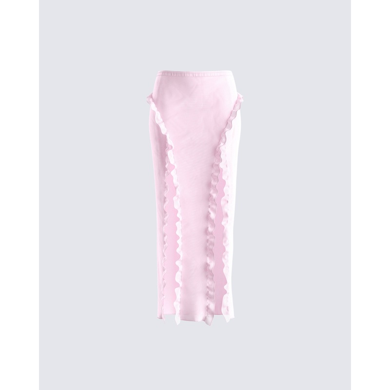 Omid Pink Ruffled Mesh Maxi Skirt