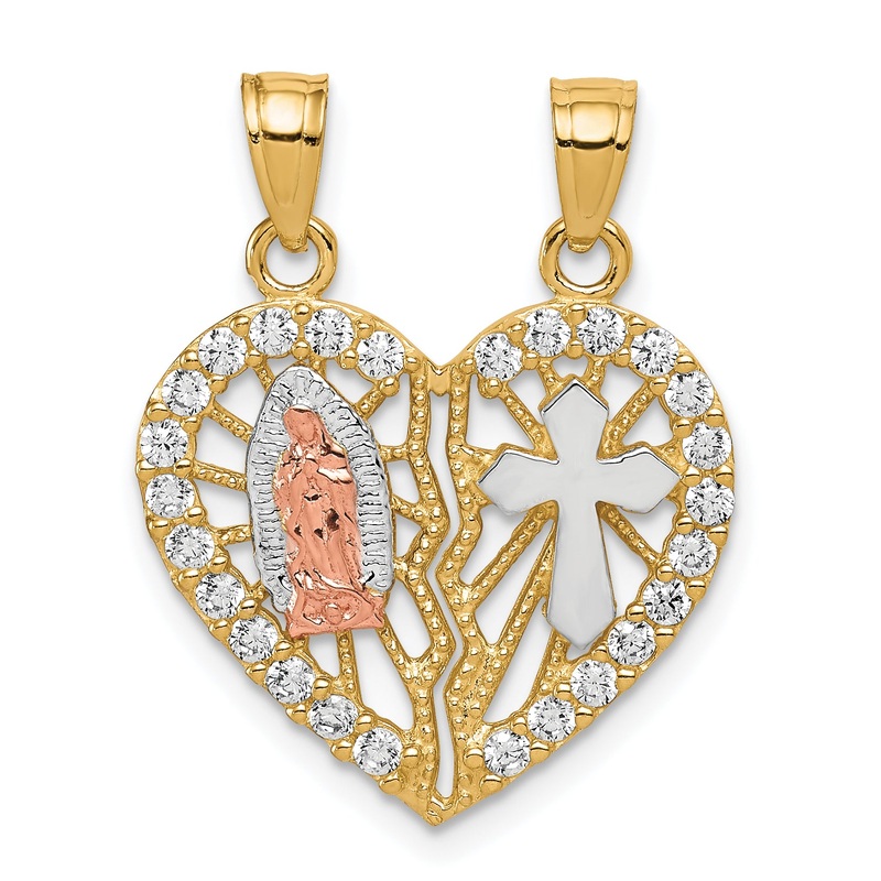 10k Two-tone 10k Two-tone w/ White Rhodium CZ Religious Break-apart Heart Pendant