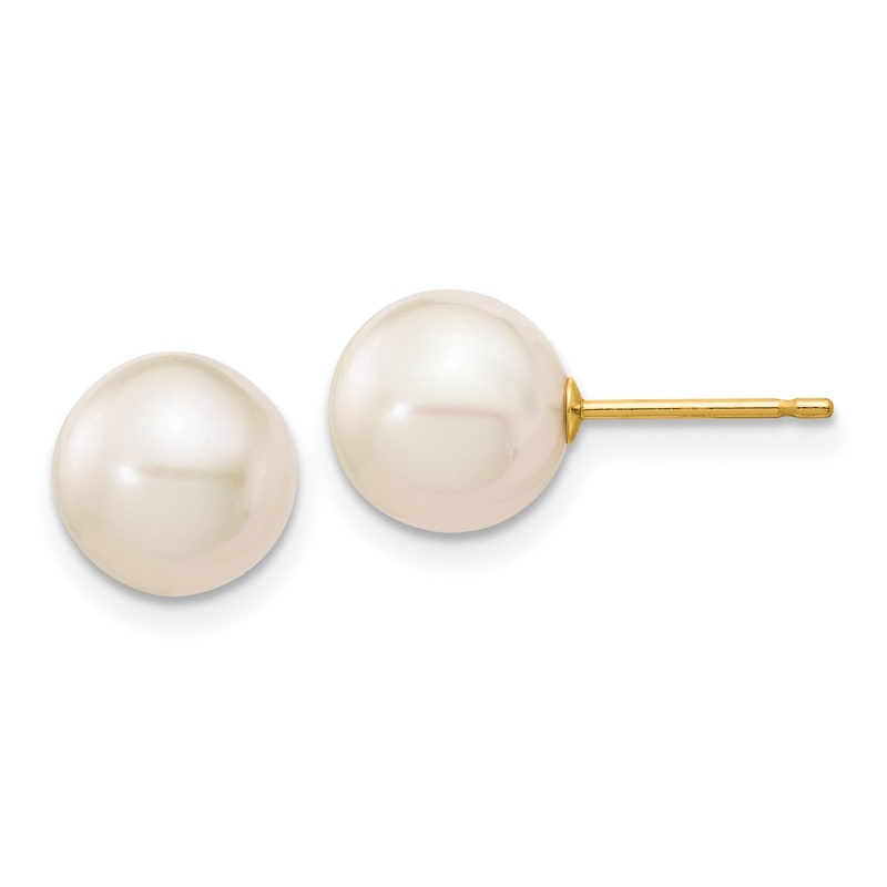 10K Yellow Gold 8-9mm White Round Freshwater Cultured Pearl Stud Post Earrings