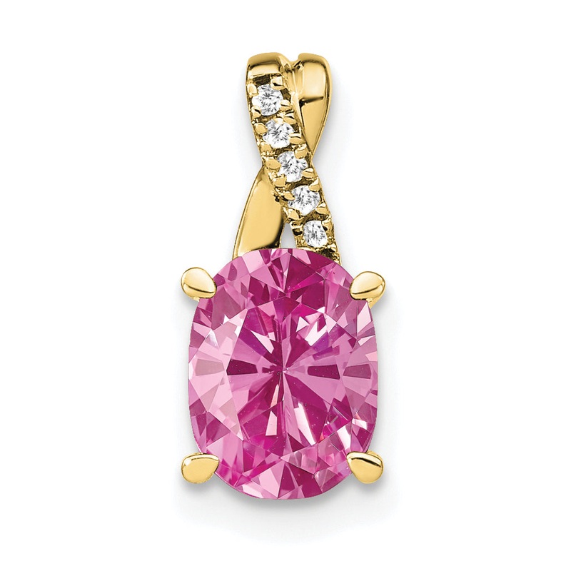 10K Yellow Gold Oval Created Pink Sapphire And Diamond Pendant