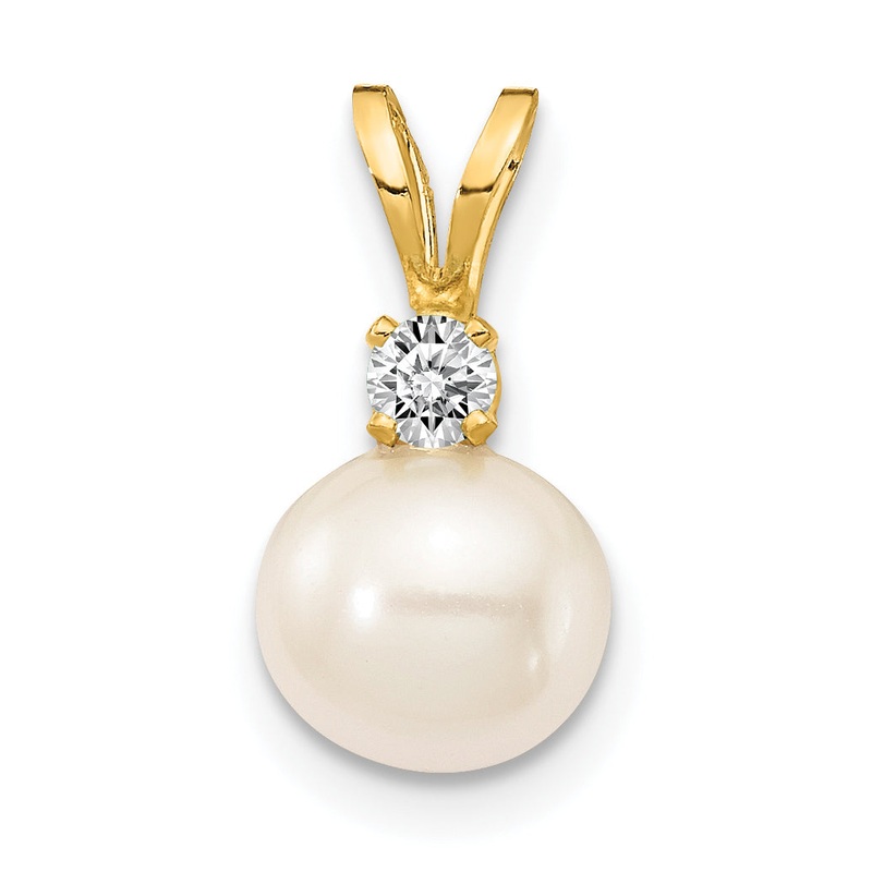 14k Yellow Gold 14k 6mm White FW Cultured Pearl AA Diamond Pendant