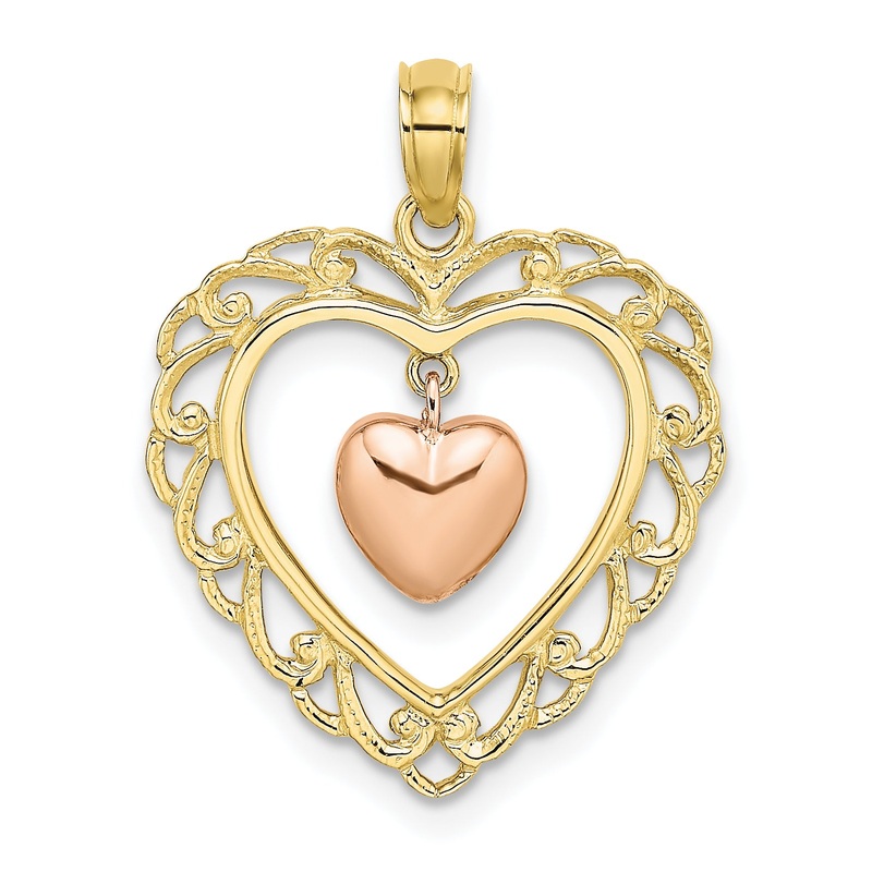 10K Two-Tone Yellow And Rose Gold Polished Dangling Heart In Charm