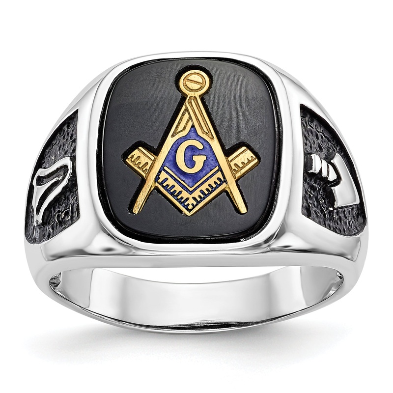 10K White Gold And Gold-Plated Polished Textured With Black Enamel Onyx Masonic Ring