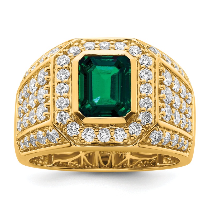 10k Yellow Gold 1 7/8 Ct. Lab Grown Diamond VS/SI+ G+ and Lab Created Emerald Men’s Ring