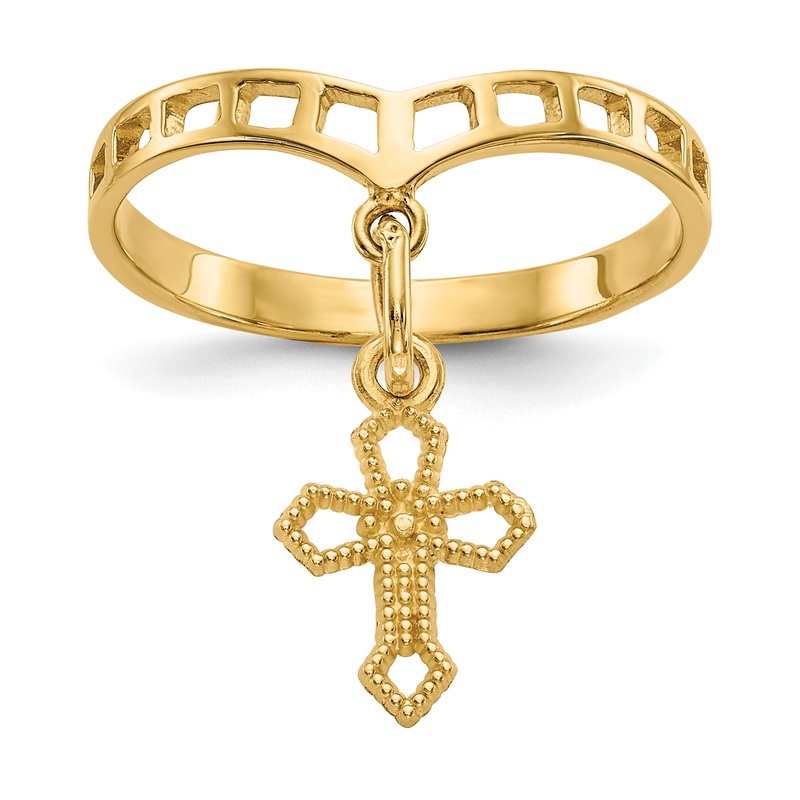 10K Yellow Gold Polished Cross Dangle Charm Ring
