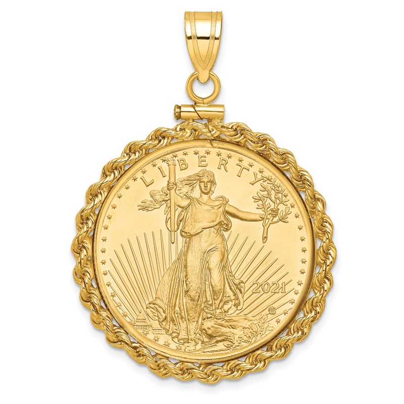 10K Yellow Gold Wideband Distinguished Coin Jewelry Polished Rope Mounted 1/2Oz American Eagle Screw Top Bezel Pendant