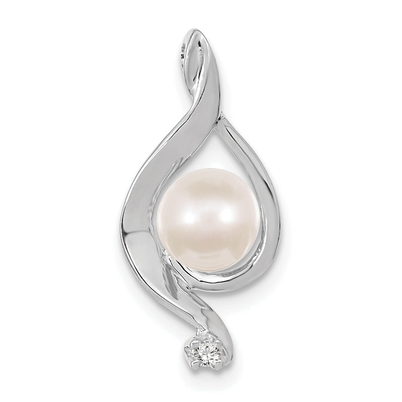 14k White Gold 14k White Gold 5.5mm Round Freshwater Cultured Pearl AA Diamond Pendant