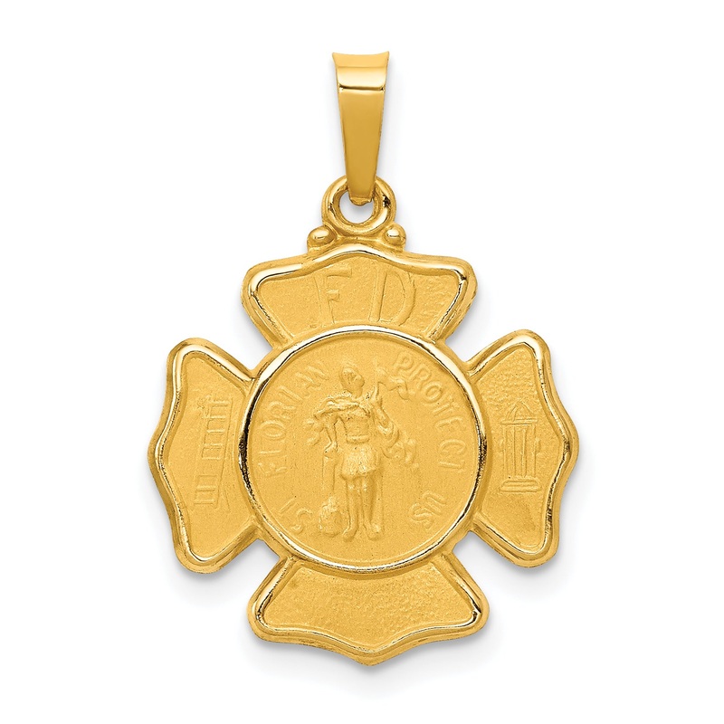 14k Yellow Gold 14k Polished and Satin St Florian Badge Medal Hollow Pendant