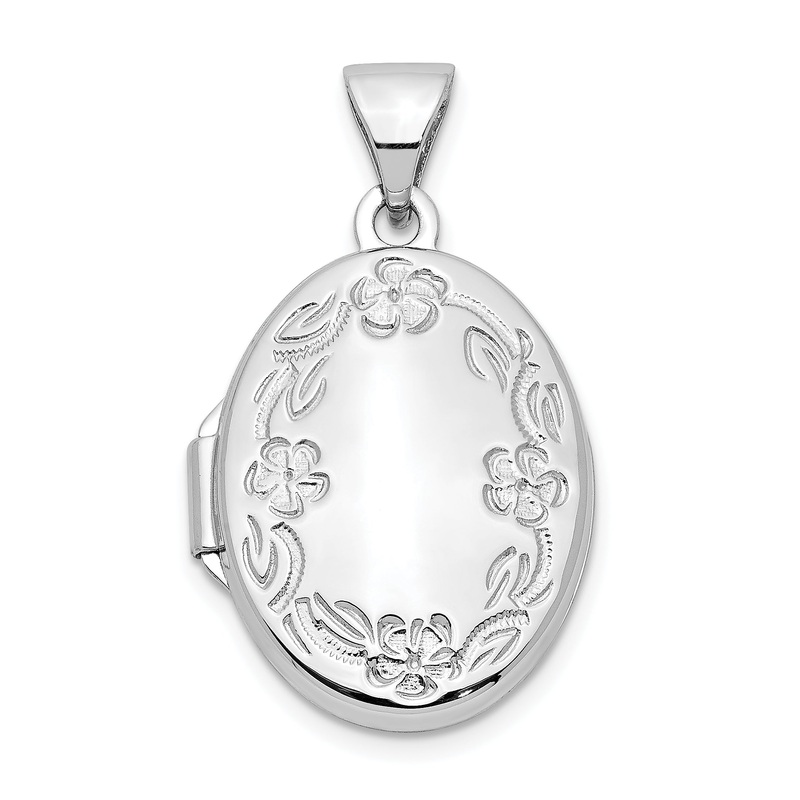 10K White Gold 17mm Oval Leaf Floral Hand Engraved Locket