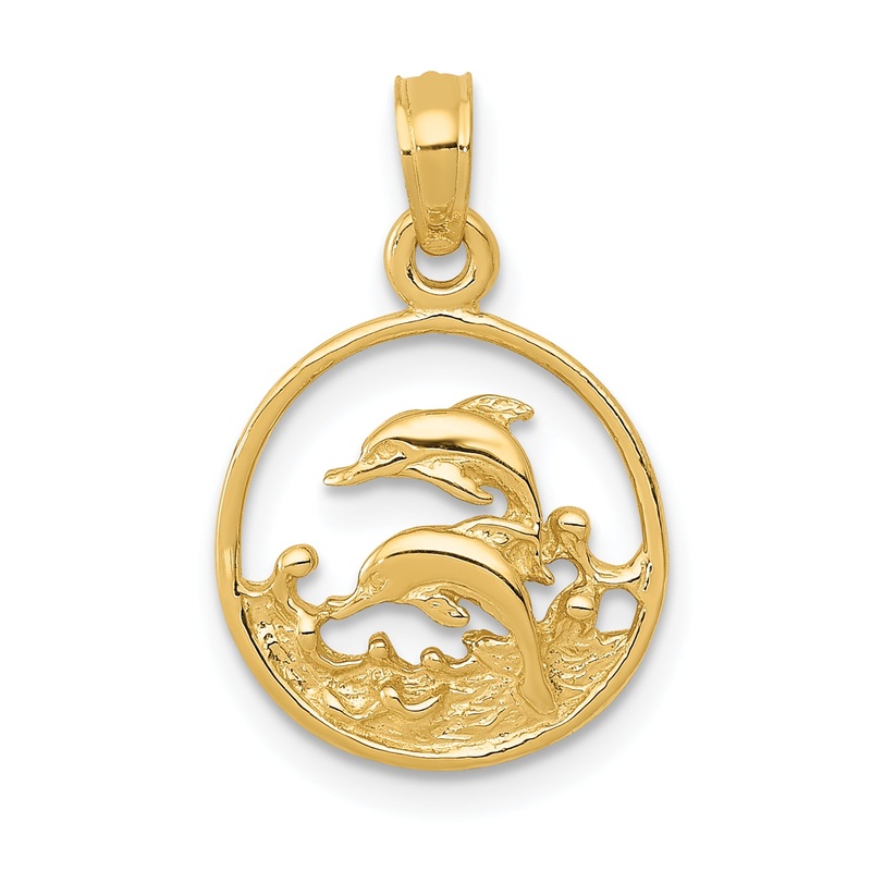 10K Yellow Gold 10K Double Dolphin Circle Pendant