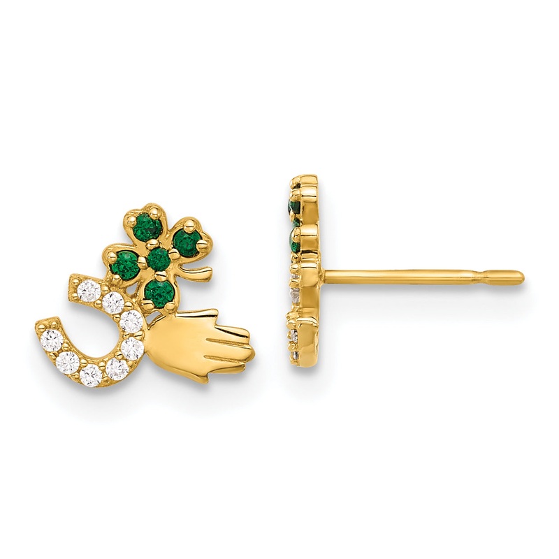 10K Yellow Gold 10K Polished Green & Clear Cz Good Luck Post Earrings