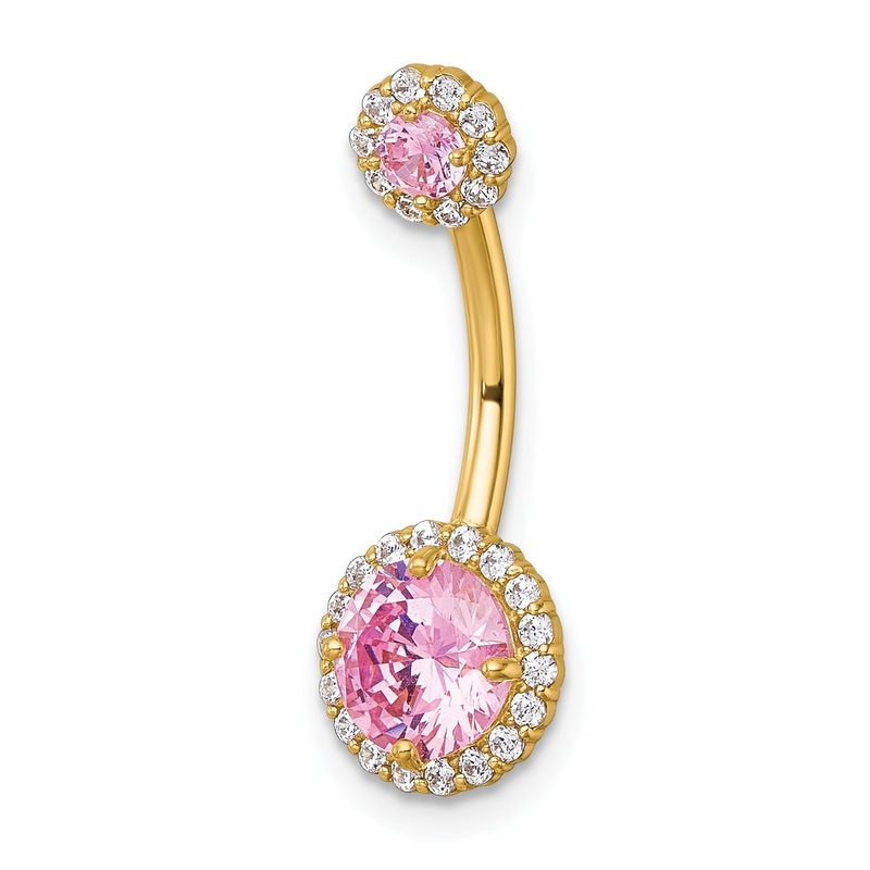 10K Yellow Gold Polished 14 Gauge Halo Pink And Clear Cz Navel Ring