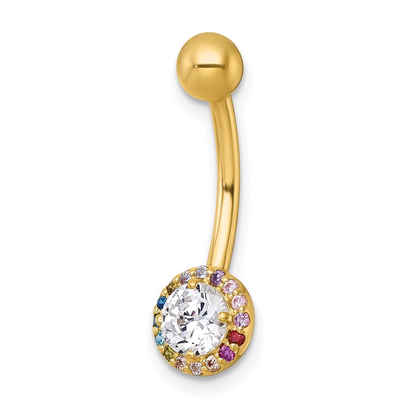 10K Yellow Gold Polished 14 Gauge Rainbow Halo And Clear Cz Navel Ring