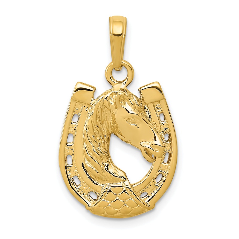 10K Yellow Gold Solid Polished Horse Head In Horseshoe Pendant