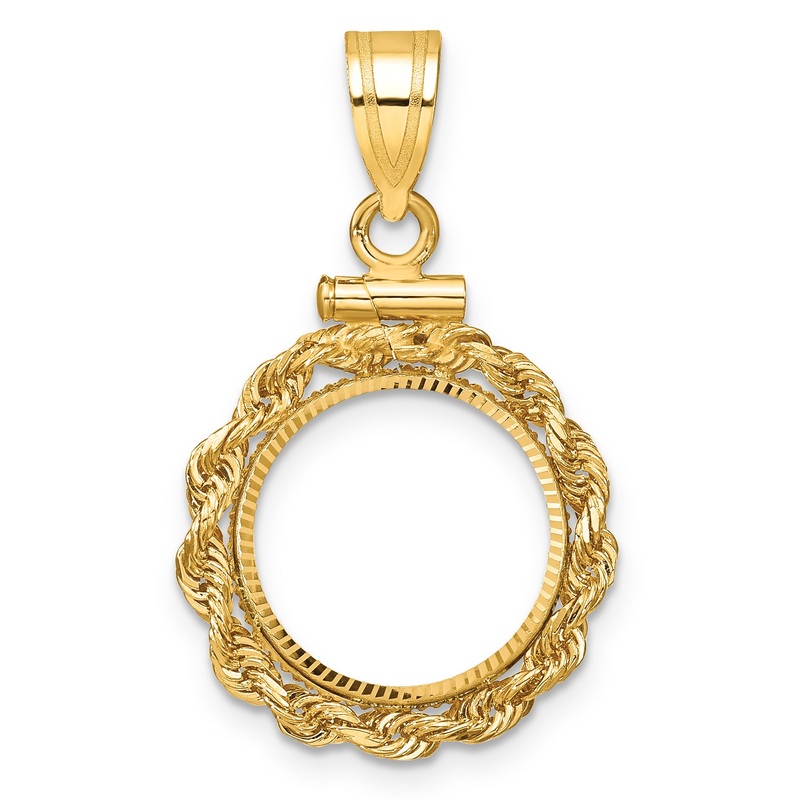 10K Yellow Gold Wideband Distinguished Coin Jewelry Polished Rope And Diamond-Cut 13.0mm X 1.1mm Screw Top Bezel Pendant