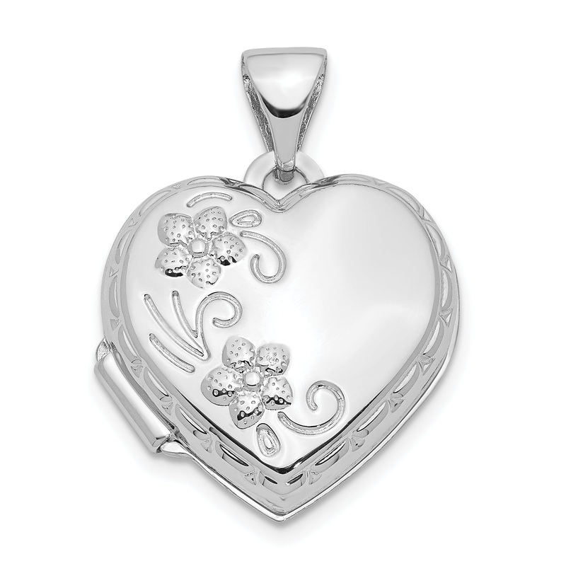 10K White Gold Polished Reversible Floral Heart Locket