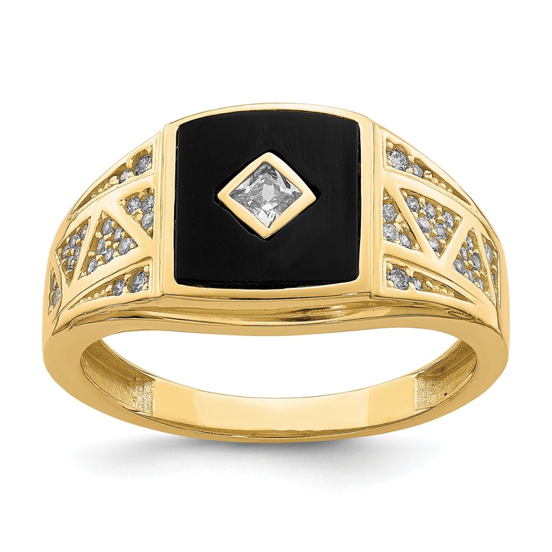 10K Yellow Gold 10K Cz And Onyx Men’S Ring