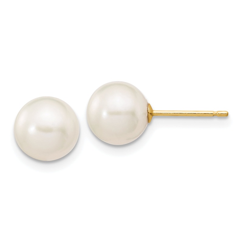 10K Yellow Gold 7-8mm White Round Freshwater Cultured Pearl Stud Post Earrings