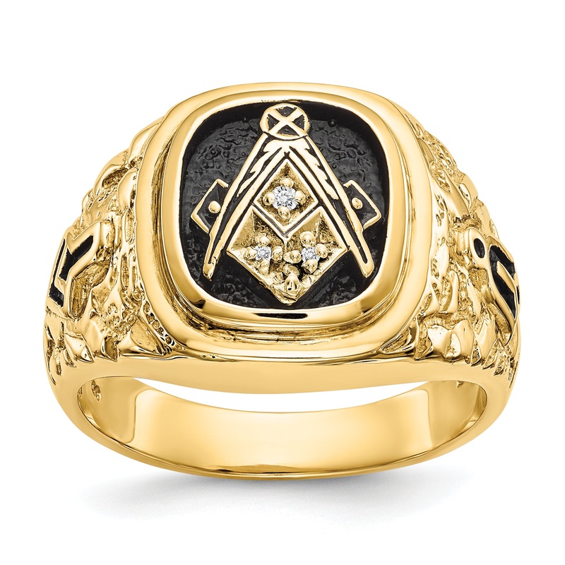 10K Yellow Gold Polished, Antiqued And Nugget Texture Aa Quality Diamond Masonic Ring