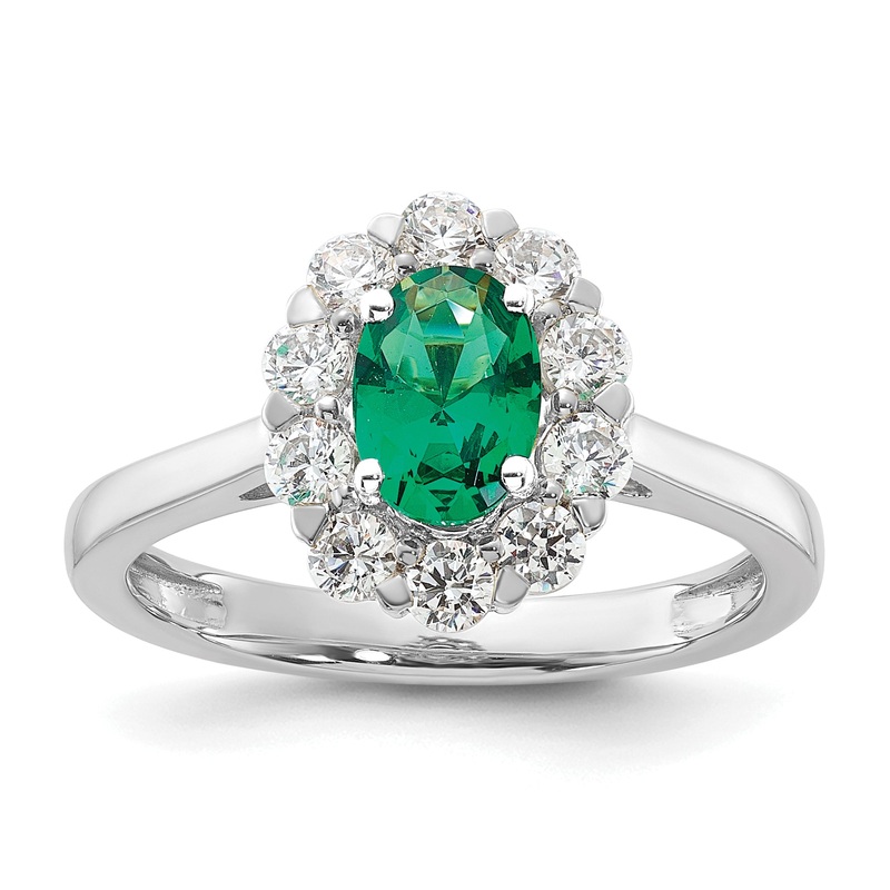 14k White Gold 5/8 Ct. Lab Grown Diamond VS/SI+ G+ and Oval Lab Created Emerald Halo Fashion Ring