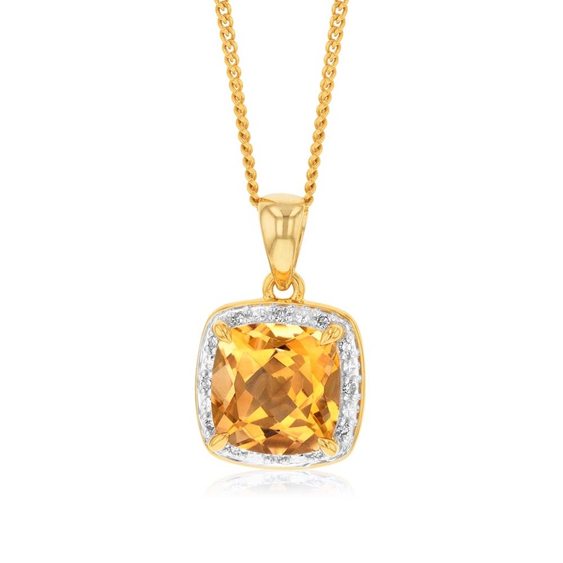9ct Yellow Gold 2ct Citrine and Diamond Cushion Cut Pendant