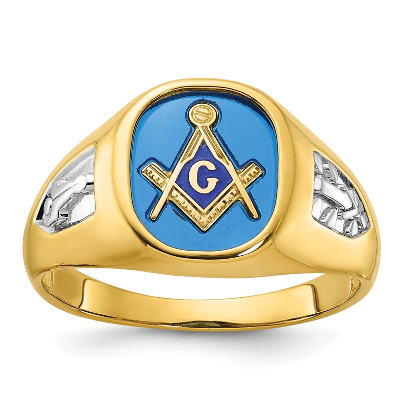 10K Yellow Gold Ibgoodman With White Rhodium Men’S Polished And Textured Lab Created Sapphire Blue Lodge Master Masonic Ring