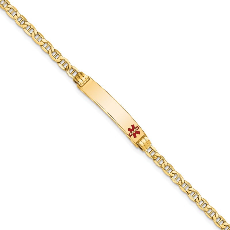10K Yellow Gold Semi-Solid Medical Red Enamel Anchor Link Id Bracelet