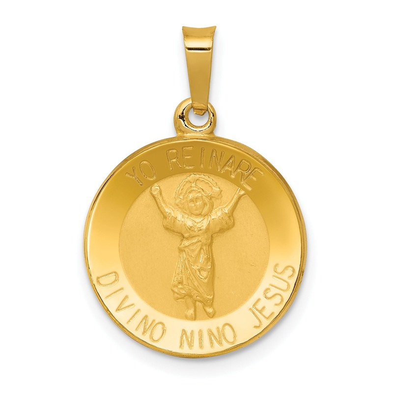 14k Yellow Gold 14K Polished Satin Hollow Divino Nino Round Medal Pendant