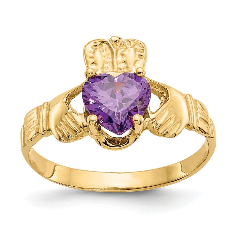 10K Yellow Gold February Birthstone Claddagh Ring