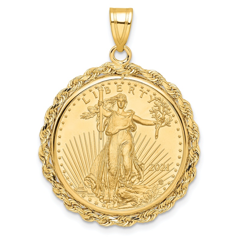 10K Yellow Gold Wideband Distinguished Coin Jewelry Polished Rope Mounted 1/4Oz American Eagle Prong Bezel Pendant
