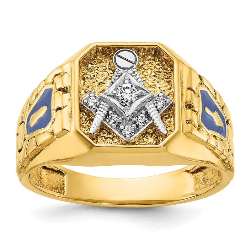 10K Two-Tone Ibgoodman Men’S Polished And Textured With Blue Enamel Diamond Lodge Master Masonic Ring