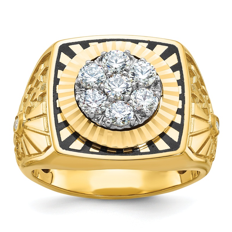 10K Two-Tone Ibgoodman With Black Enamel Men’S Polished Textured And Diamond-Cut 1 Carat A Quality Diamond Stars Stripes Round Cluster Ring