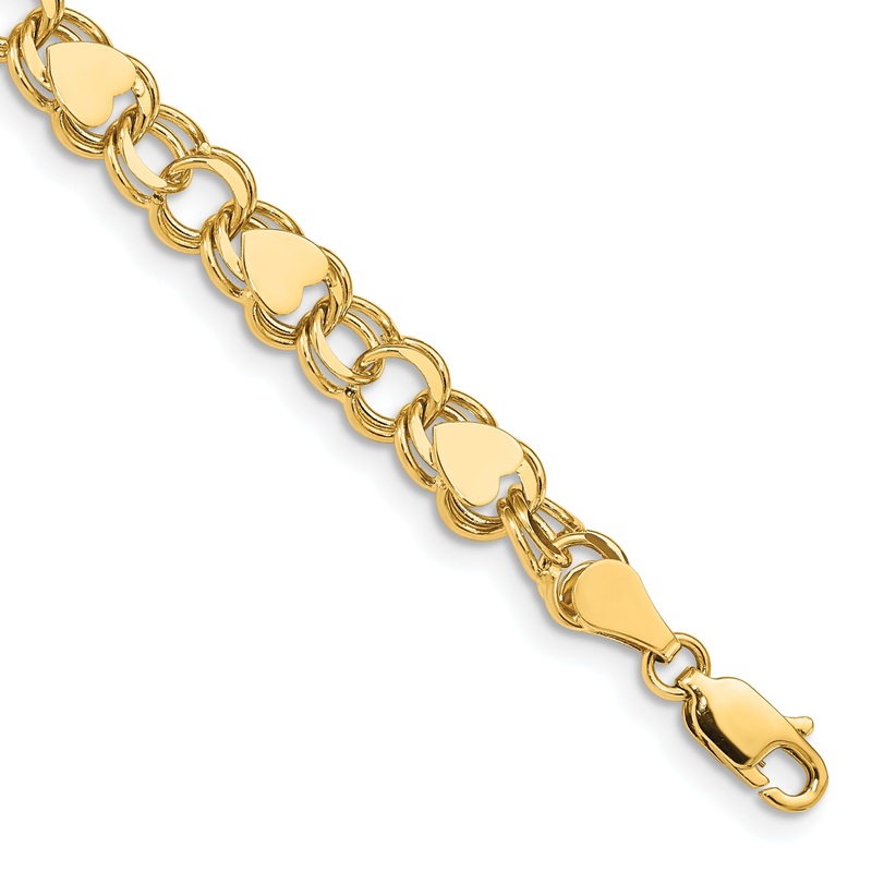 10K Yellow Gold Double Link With Hearts Charm Bracelet
