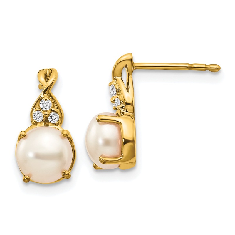 10K Yellow Gold Fwc Pearl And Diamond Earrings