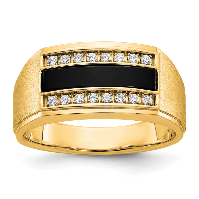 10K Yellow Gold Ibgoodman Men’S Polished And Satin Onyx 1/6 Carat A Quality Diamond Ring