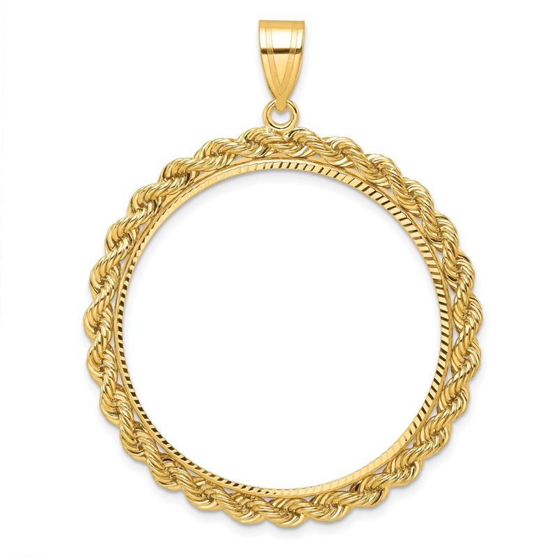 10K Yellow Gold Wideband Distinguished Coin Jewelry Polished And Diamond-Cut With Rope Edge 32.7mm Prong Bezel Pendant