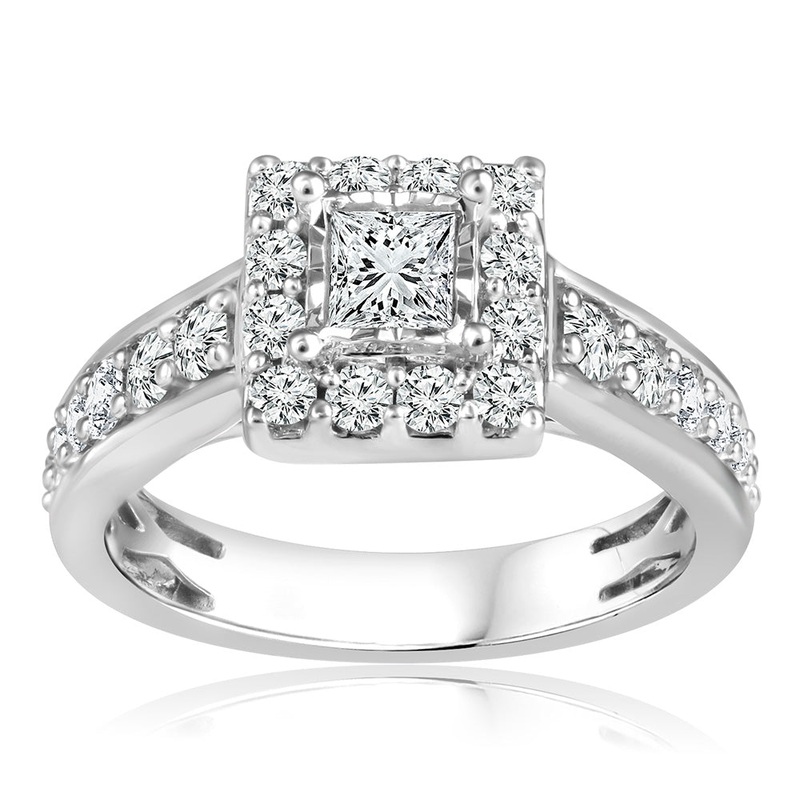 10ct White Gold 1 Carat Diamond Solitaire Fancy Ring In Halo Style