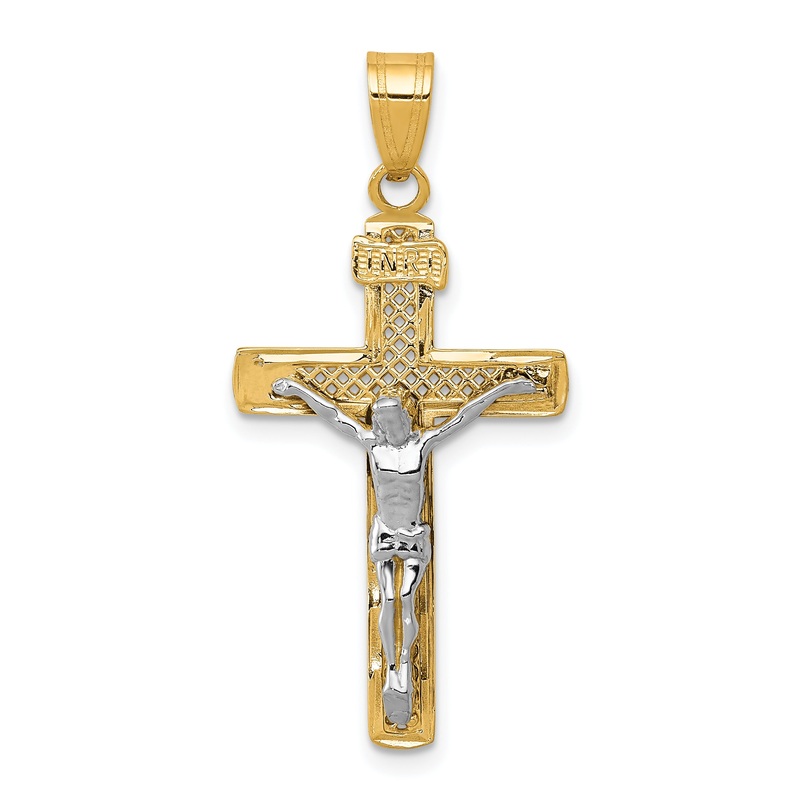10K Two-Tone 10K D/C Medium Block Lattice Cross W/Crucifix Pendant