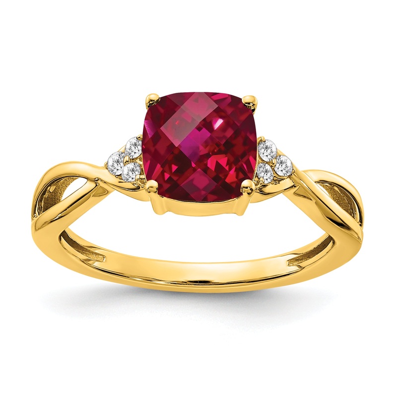 10K Yellow Gold Checkerboard Created Ruby And Diamond Ring