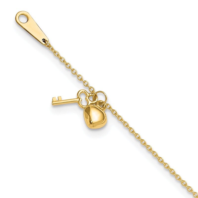 10K Yellow Gold Heart And Key 9In Plus 1In Ext. Anklet