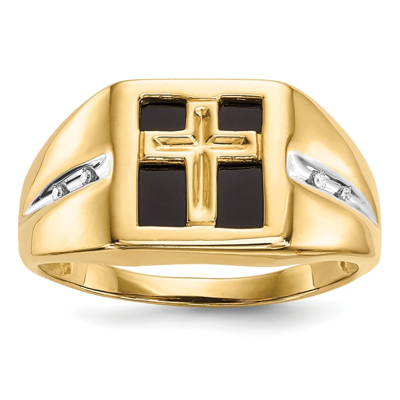 14k Yellow Gold .02 Ct. Lab Grown Diamond VS/SI+ G+ and Onyx Cross Men’s Ring