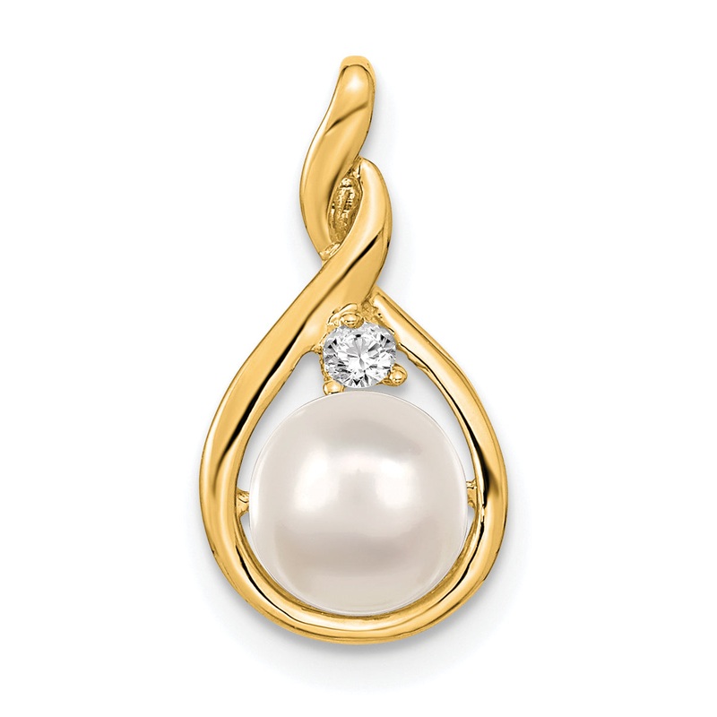 14k Yellow Gold 14k 7mm White Round Freshwater Cultured Pearl AA Diamond Pendant