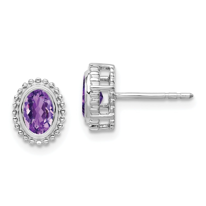 10K White Gold Oval Amethyst Post Earrings